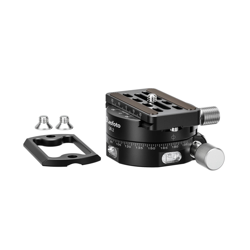Leofoto GR-2 geared panning clamp with QP-70N plate displayed with separate components including mounting bracket and adjustment knobs against white background.