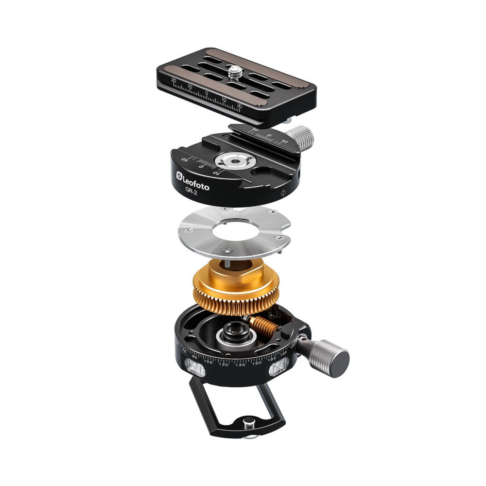 Exploded view of Leofoto GR-2 geared panning clamp showing separated components including quick release plate, gear mechanism, and base assembly.