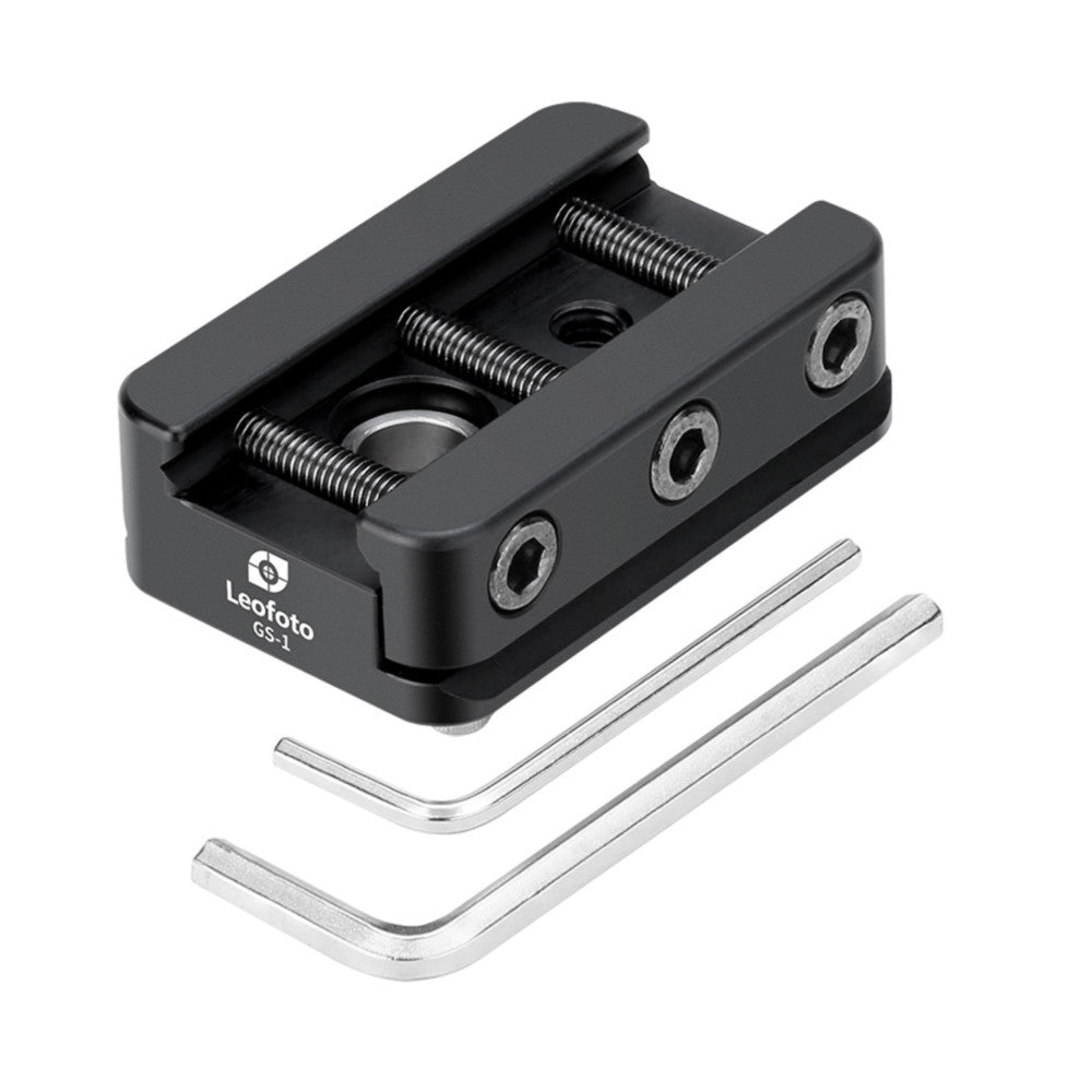 Black Leofoto GS-1 adapter with threaded holes and two hex wrenches displayed against white background.
