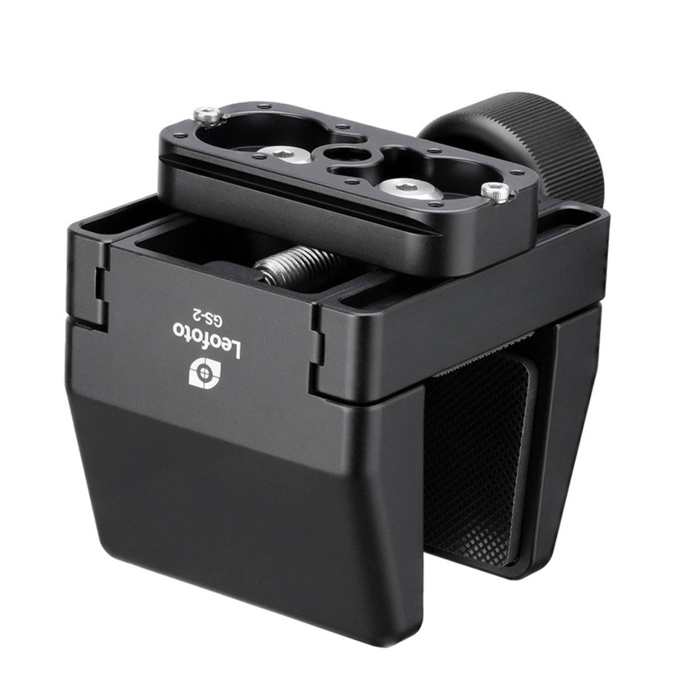 Black rifle support clamp with textured grip and Arca Swiss mounting plate shown at an angle against a white background.