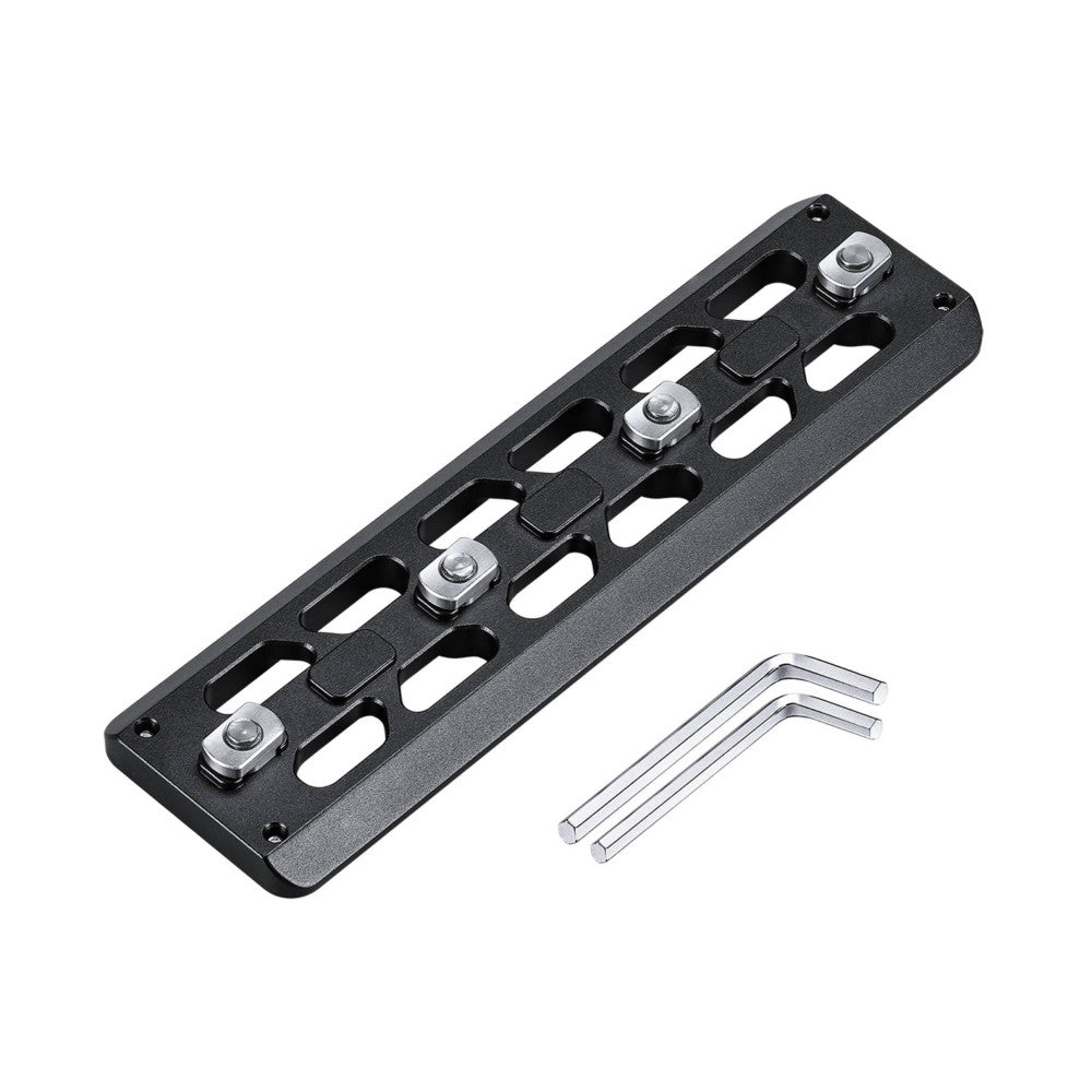 Black M-LOK quick release plate with metal sliding knobs and two hex wrenches displayed beside it, angled product view.