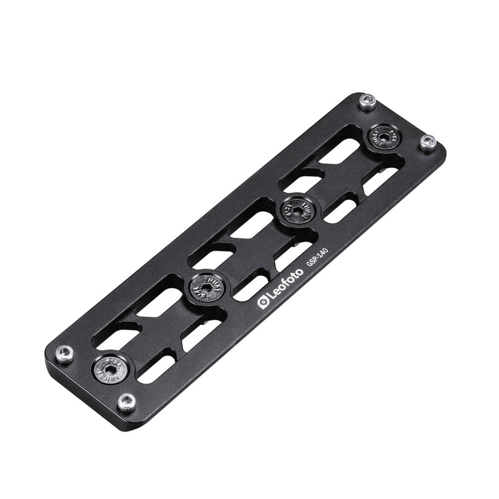 Black Leofoto quick release plate shown at an angle, displaying M-LOK slots and adjustment knobs against white background.