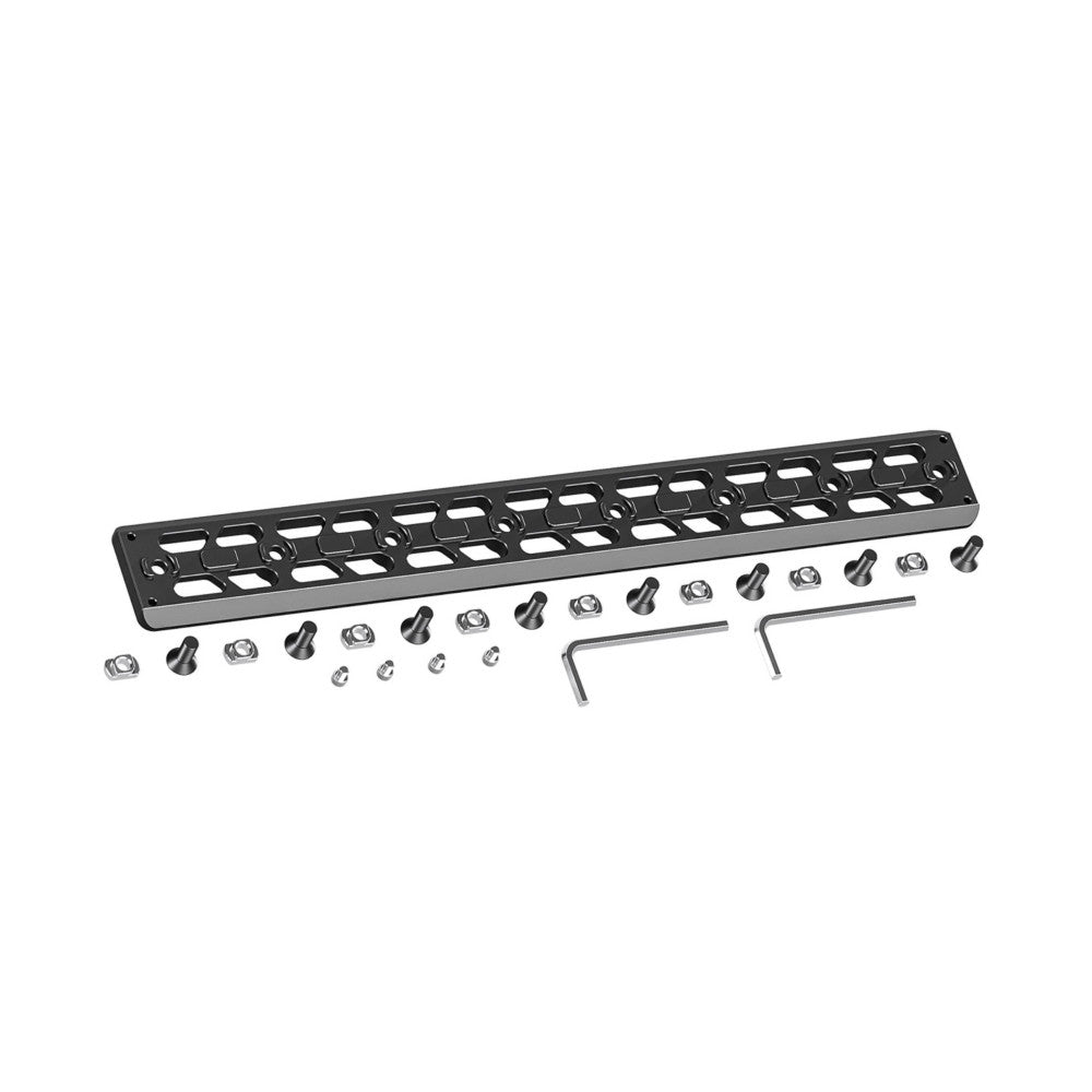 Black M-LOK quick release plate with mounting hardware including bolts, nuts, and allen wrenches displayed flat lay view.