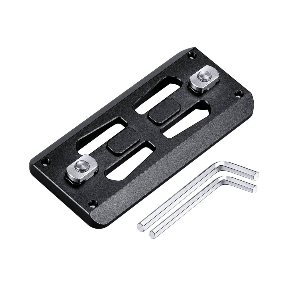 Black Arca quick release plate with M-LOK slots shown at angle with two hex wrenches displayed beside it.
