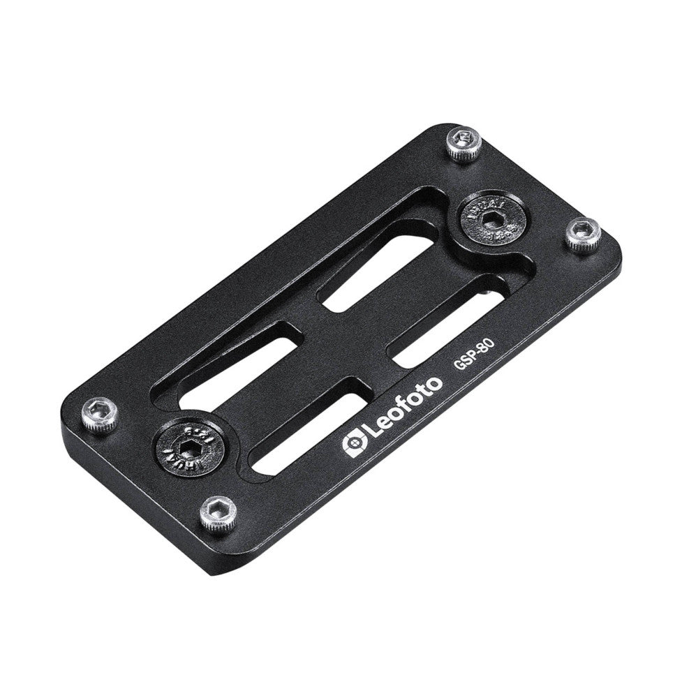 Black Leofoto GSP-80 quick release plate shown at an angle, displaying multiple slot openings and corner mounting holes with thumb screws.