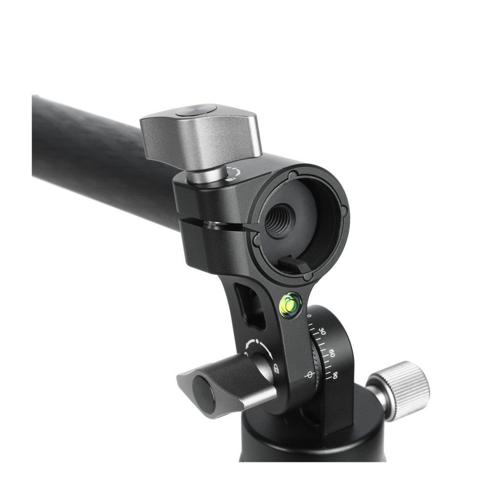 Black and silver tripod column head with panning base, shown at angle with spirit level and adjustment knobs visible against white background.
