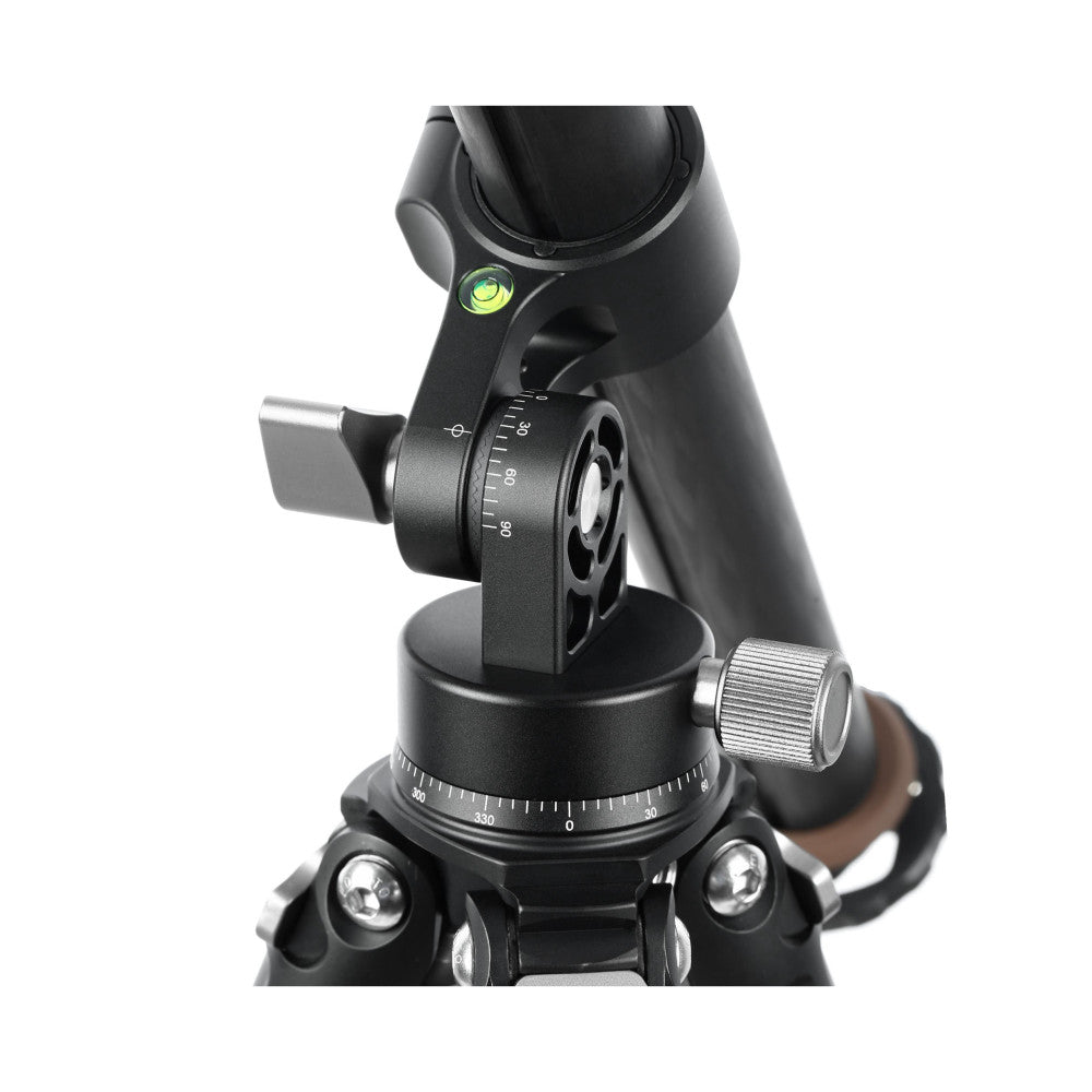 Black tripod accessory with horizontal column and panning base shown at an angle, displaying numbered adjustment dials and a green bubble level indicator.