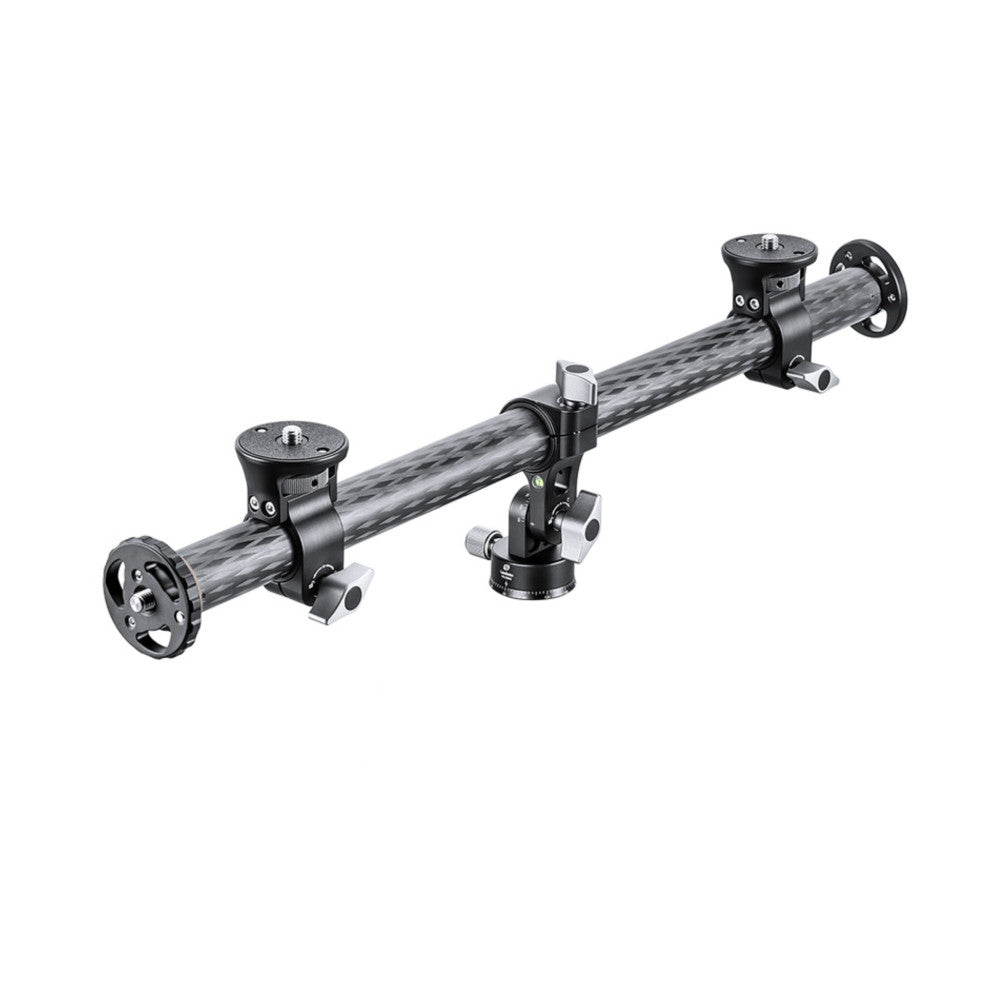 Side view of a carbon fiber horizontal column with ball heads and mounting platforms at both ends, showing the full assembly against white background.