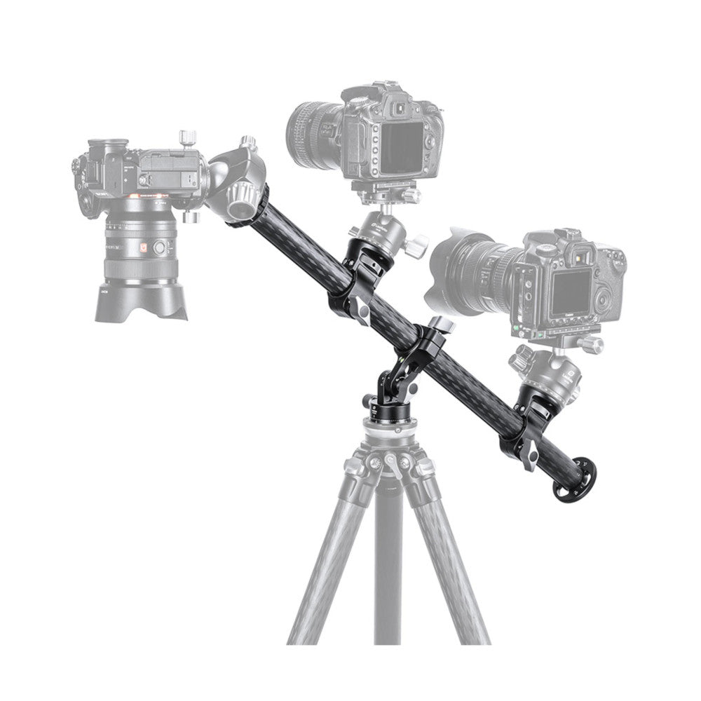 Leofoto HC-32KIT horizontal column mounted on tripod with multiple camera and lens configurations attached at different angles.