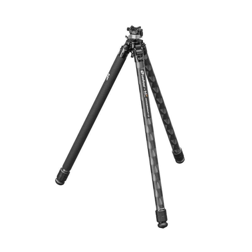 Black carbon fiber tripod with ball head shown fully extended at an angle against white background