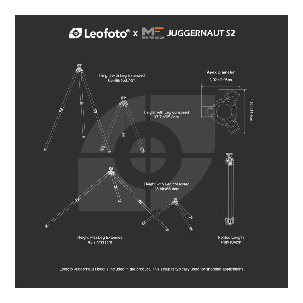 Technical specification diagram of Leofoto Juggernaut S2 tripod showing multiple configurations with extended and collapsed leg positions, dimensions, and folded length measurements.