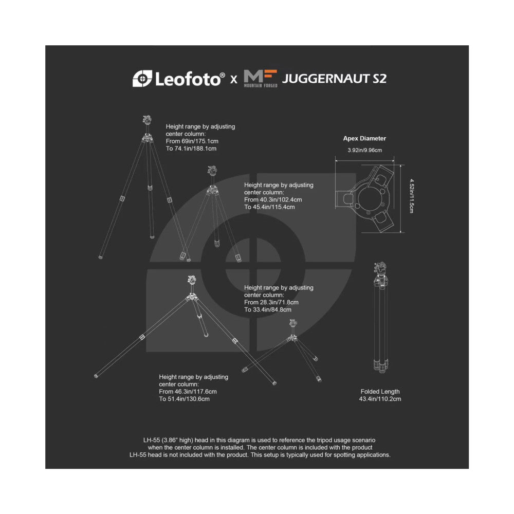 Technical specification diagram of Leofoto Juggernaut S2 tripod showing multiple configurations, height ranges, apex diameter, and folded length measurements.