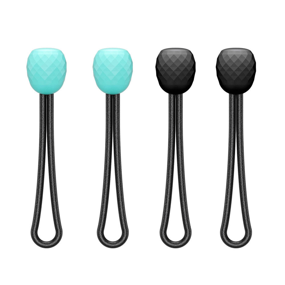 Four quick attach ball heads displayed in a row, showing two turquoise and two black textured spheres mounted on dark textured handles.