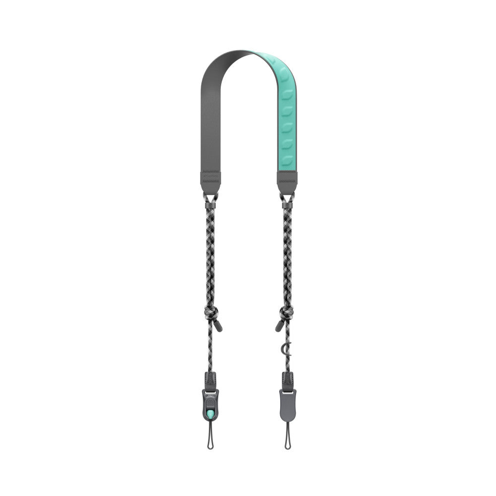 Gray and turquoise padded camera strap with braided cords and metal attachments, shown flat against white background.