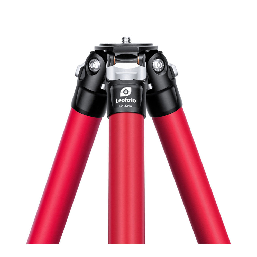 Front view of a red and black carbon fiber tripod with ball head against white background, showing three extended legs and mounted head with adjustment knobs.