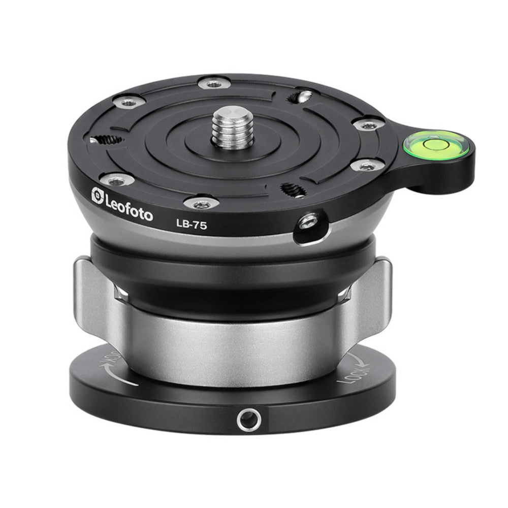 Leofoto LB-75 leveling base shown from angled front view, displaying circular adjustment plate with spirit level and threaded mount.