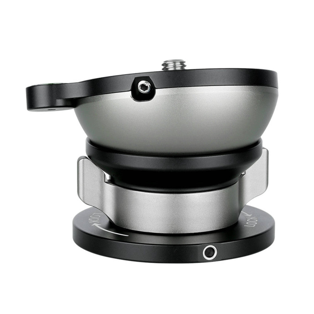 Side view of Leofoto LB-60N levelling base showing stacked components with silver and black finish and adjustment knob on base.