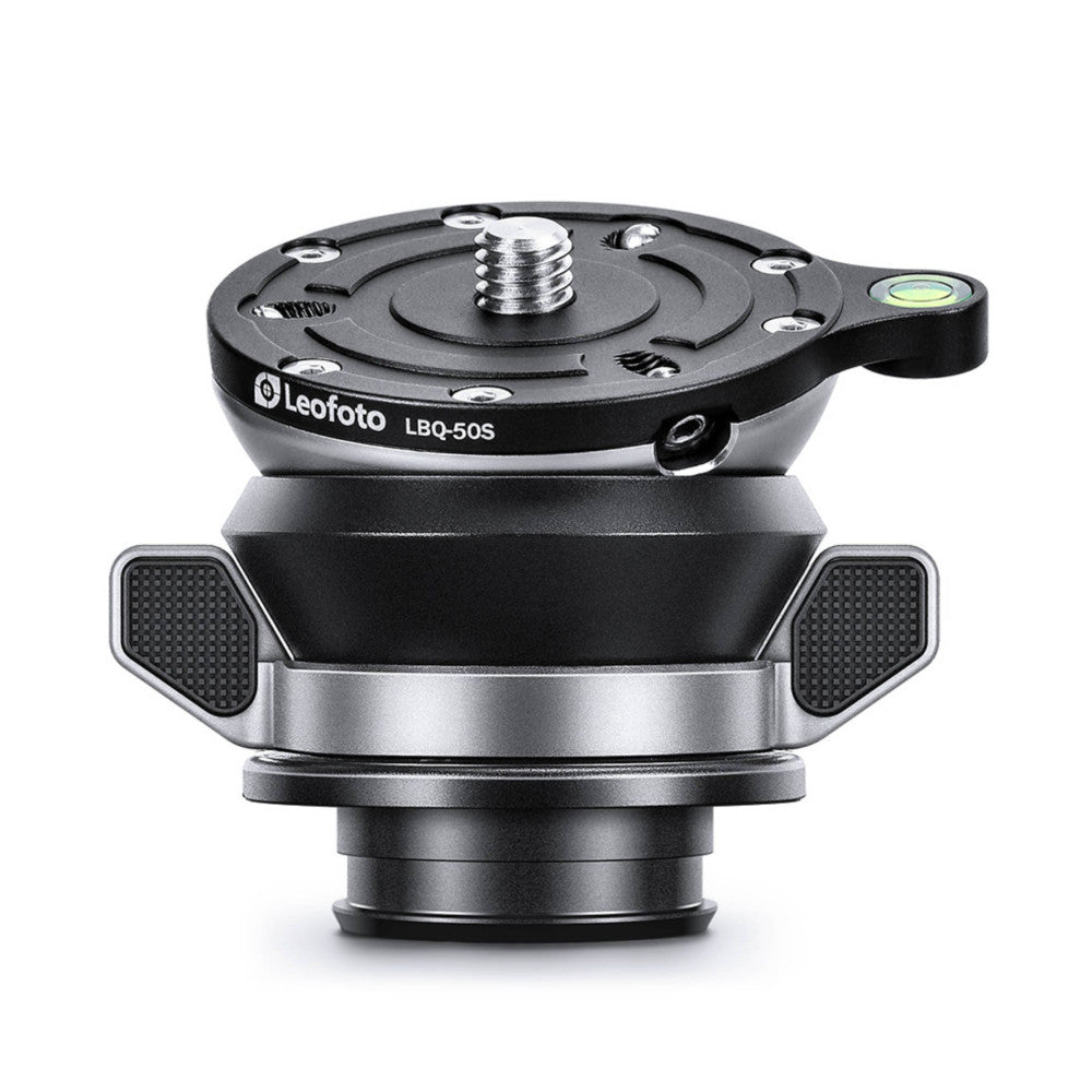 Leofoto LBQ-50S leveling base shown in overhead view, displaying the circular top plate with central threaded mount and silver base with rubber grip handles.