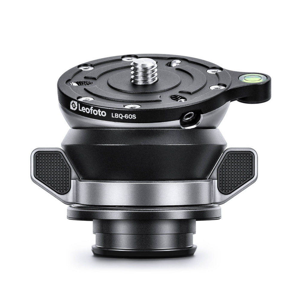 Leofoto LBQ-60S levelling base shown from above at an angle, displaying the circular ball head with center screw and bubble level on the right side.