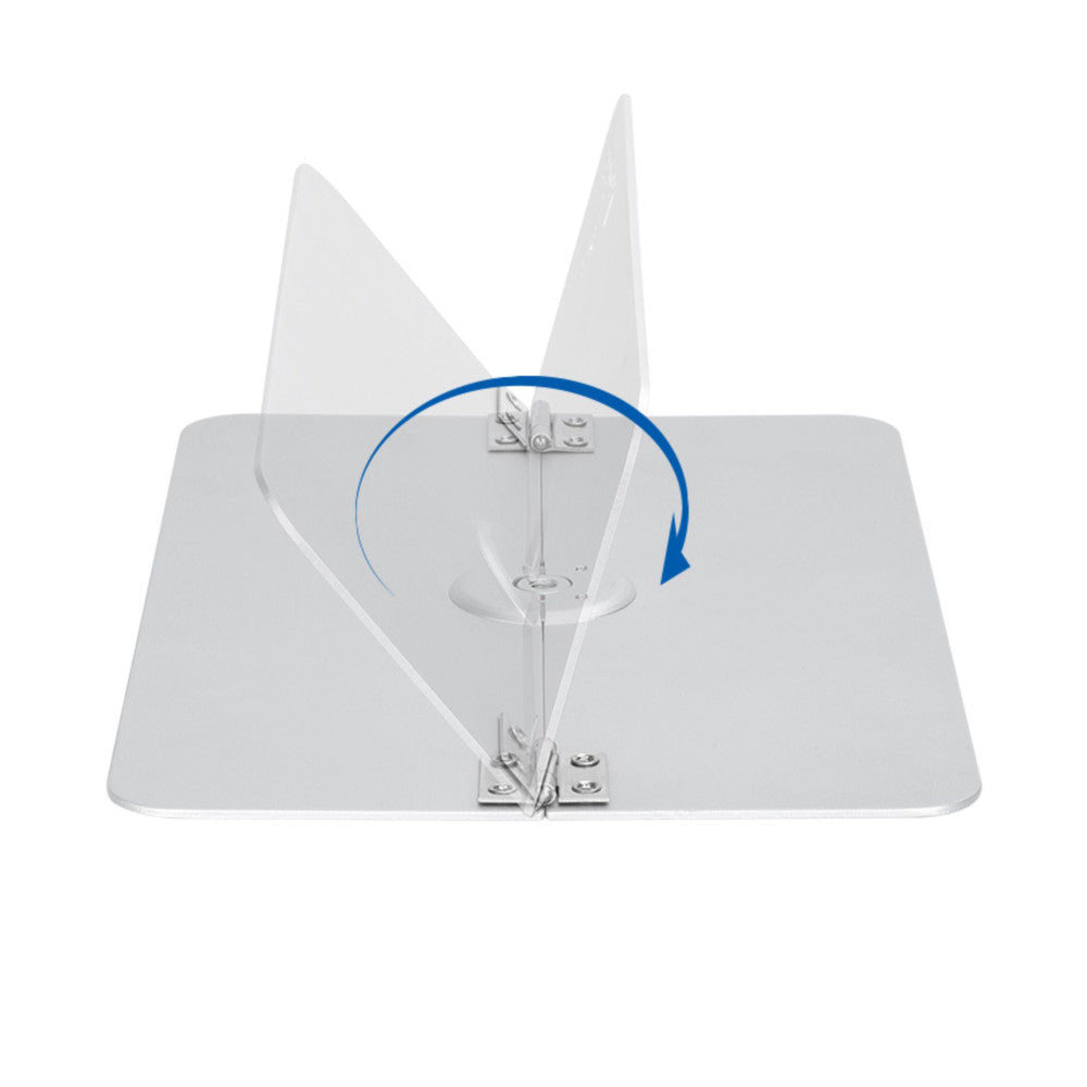 Overhead view of a portable folding tray with transparent panels extended upward, showing the central mounting bracket and rotation mechanism highlighted by a blue arrow.