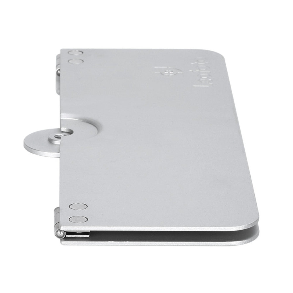 Silver folding tray with rounded corners shown at an angle, displaying the top surface, side profile, and extending arm with mounting plate.