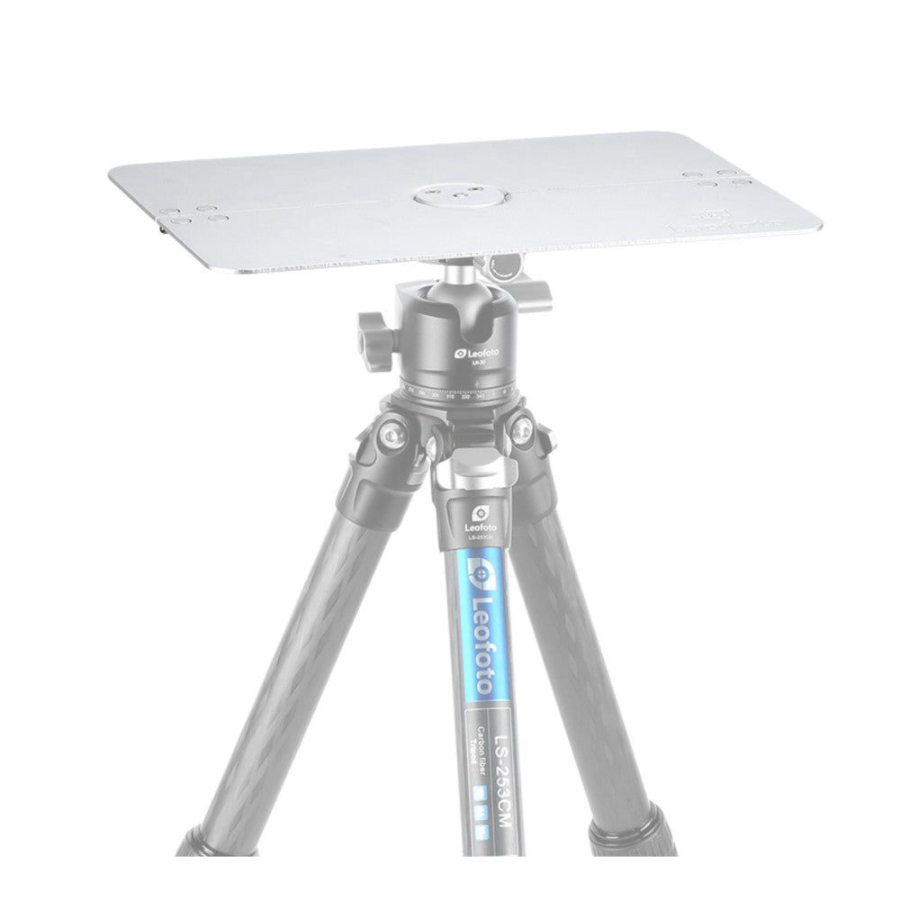 White rectangular tray mounted on Leofoto tripod ball head and legs, shown in use at an angle against white background.