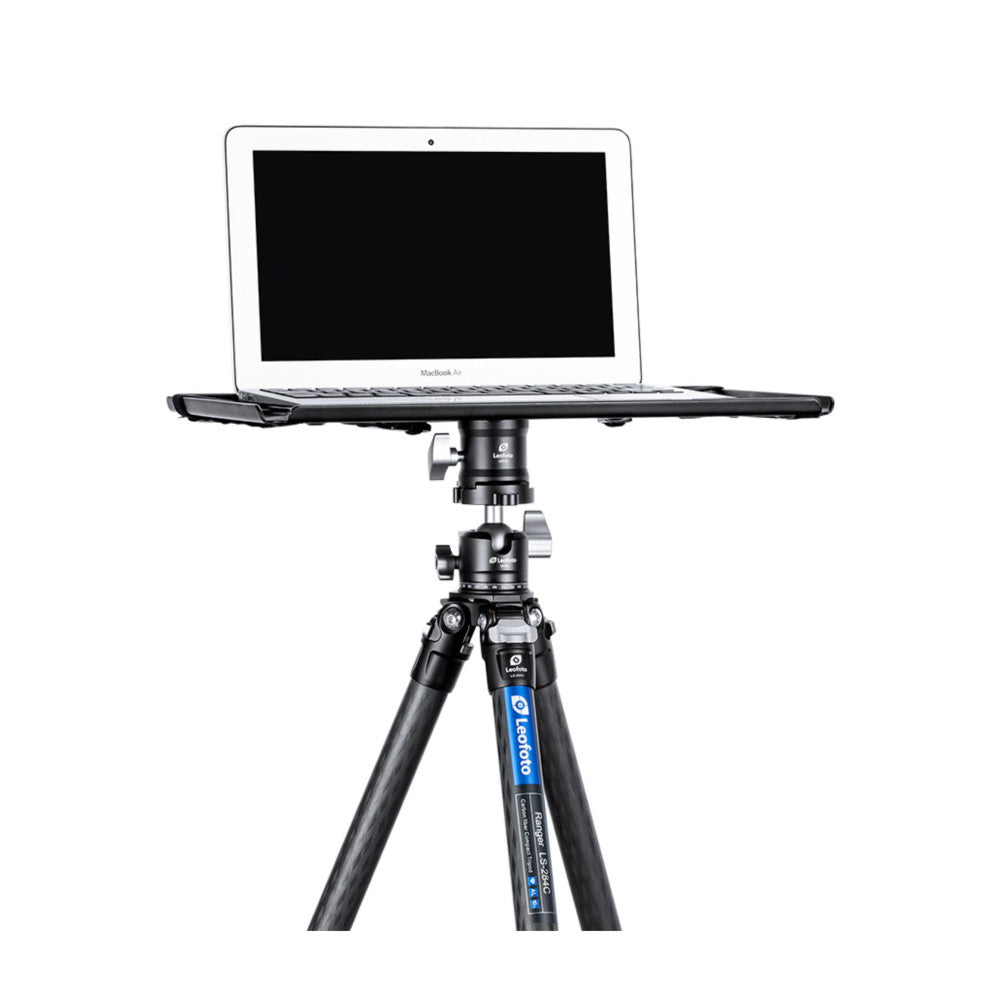MacBook Air mounted on a Leofoto laptop tray attached to a tripod with ball head, shown from front angle against white background.