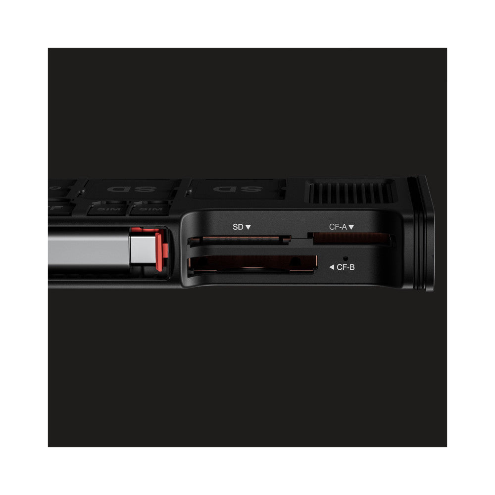 Close-up side view of a black memory card reader showing SD, CF-A, and CF-B card slots with a red eject button on the left.