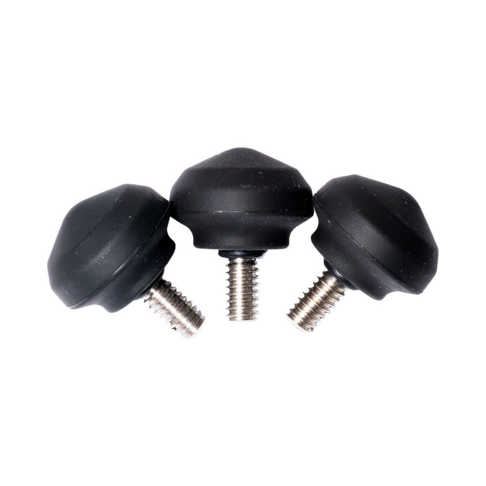 Three black rubber feet with metal threaded screws, displayed against a white background showing the complete set from a front angle.