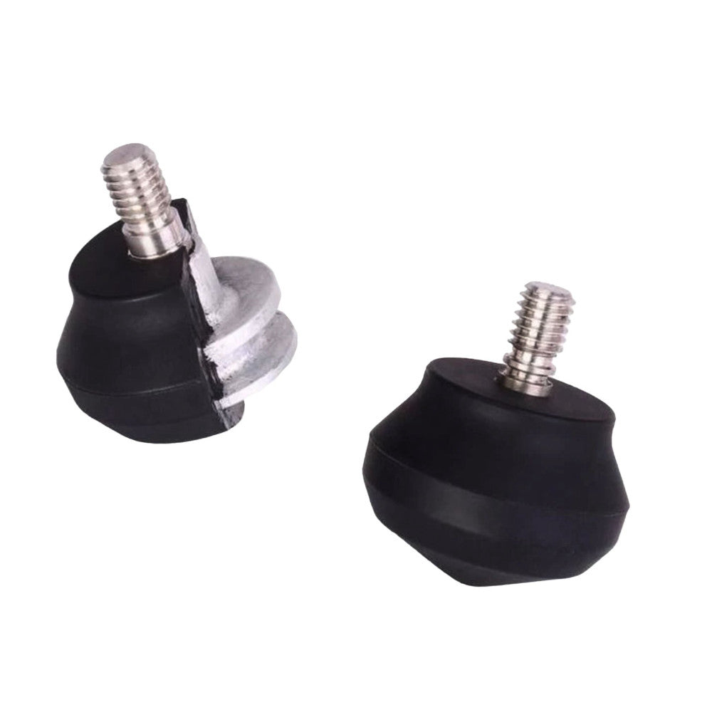 Two black rubber feet with threaded metal studs shown from different angles against a white background.
