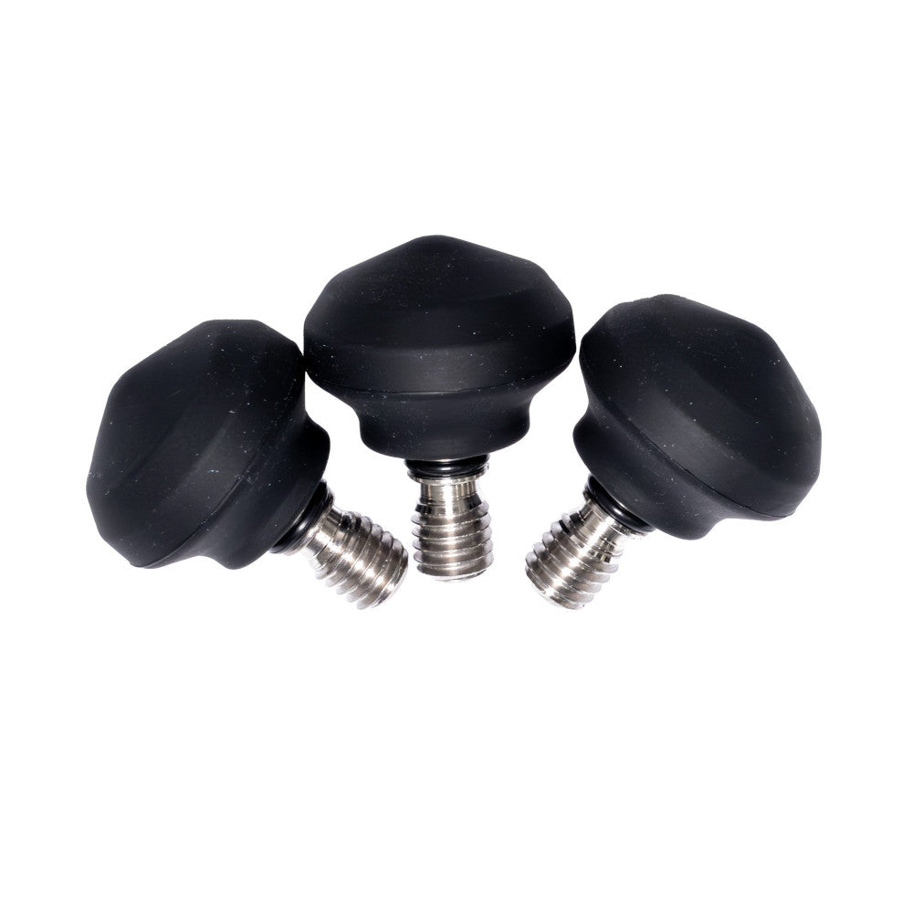 Three black rubber replacement feet with metal threaded screws, displayed against a white background.