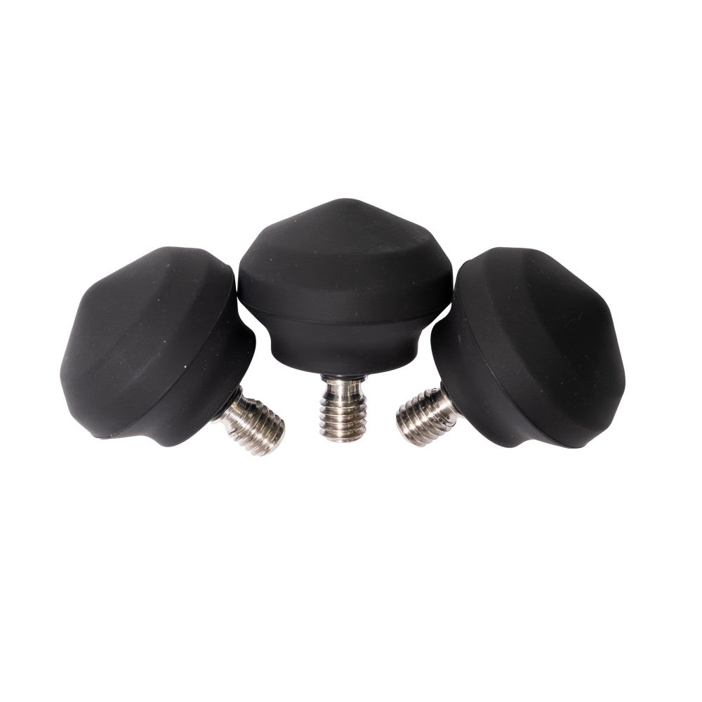Three black rubber feet with metal threaded studs shown against a white background in a front view arrangement.