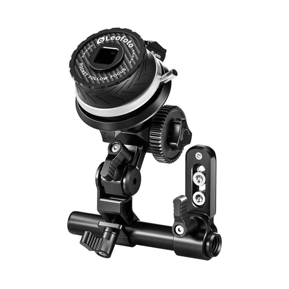 Leofoto LFF-01 follow focus system mounted on rod with focus wheel, gears, and remote control unit displayed against white background.