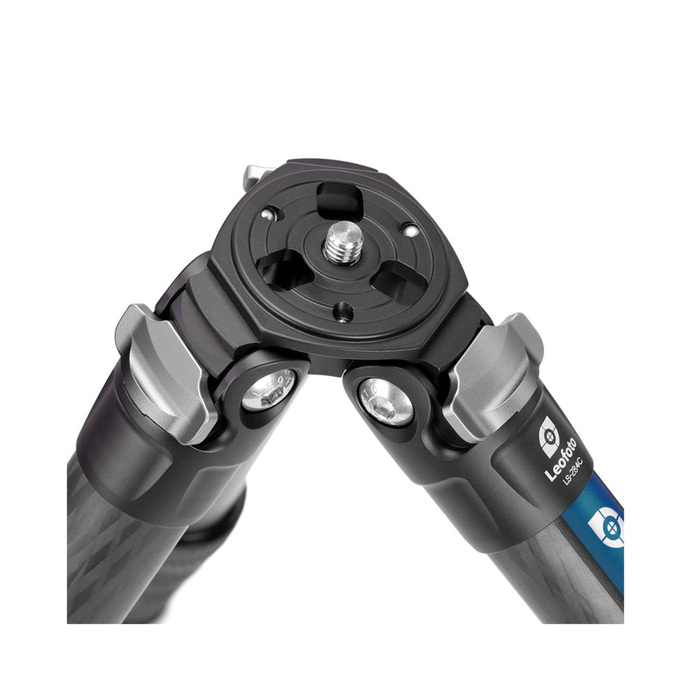 Close-up overhead view of tripod head and legs showing ball head attachment, leg locks, and LED lights on the legs against white background.
