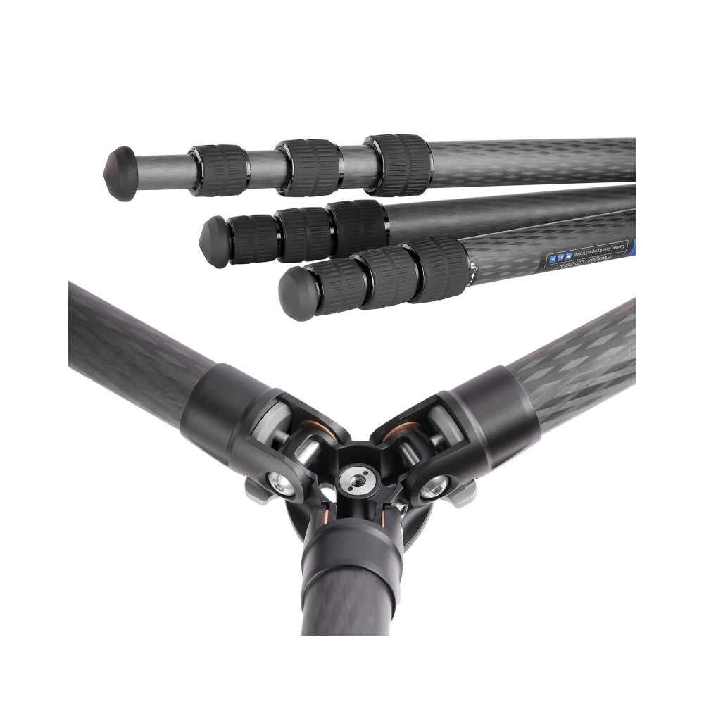 Close-up detail view of carbon fiber tripod legs with rubber grip sections and ball head connection, shown from multiple angles against white background.