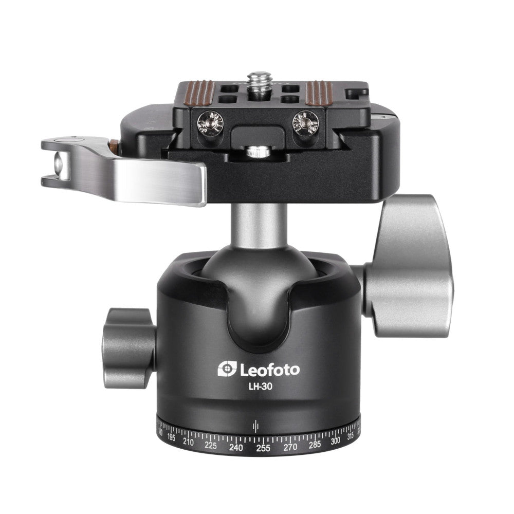 Leofoto LH-30 ball head shown from front-right angle, displaying the spherical base, lever clamp on left side, and degree markings around the base.