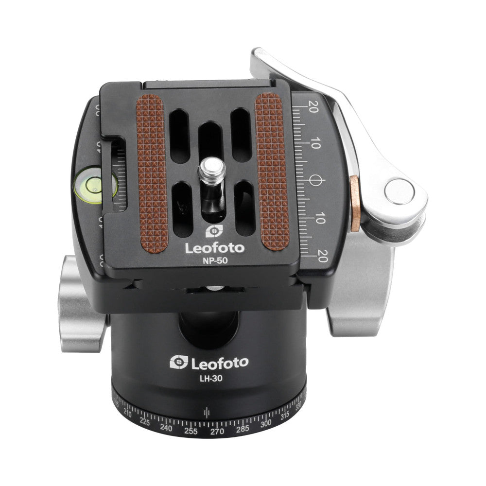 Top-down view of a black Leofoto ball head with brown textured grip pads, showing the NP-50 plate, LH-30 base with degree markings, and quick-release lever clamp.