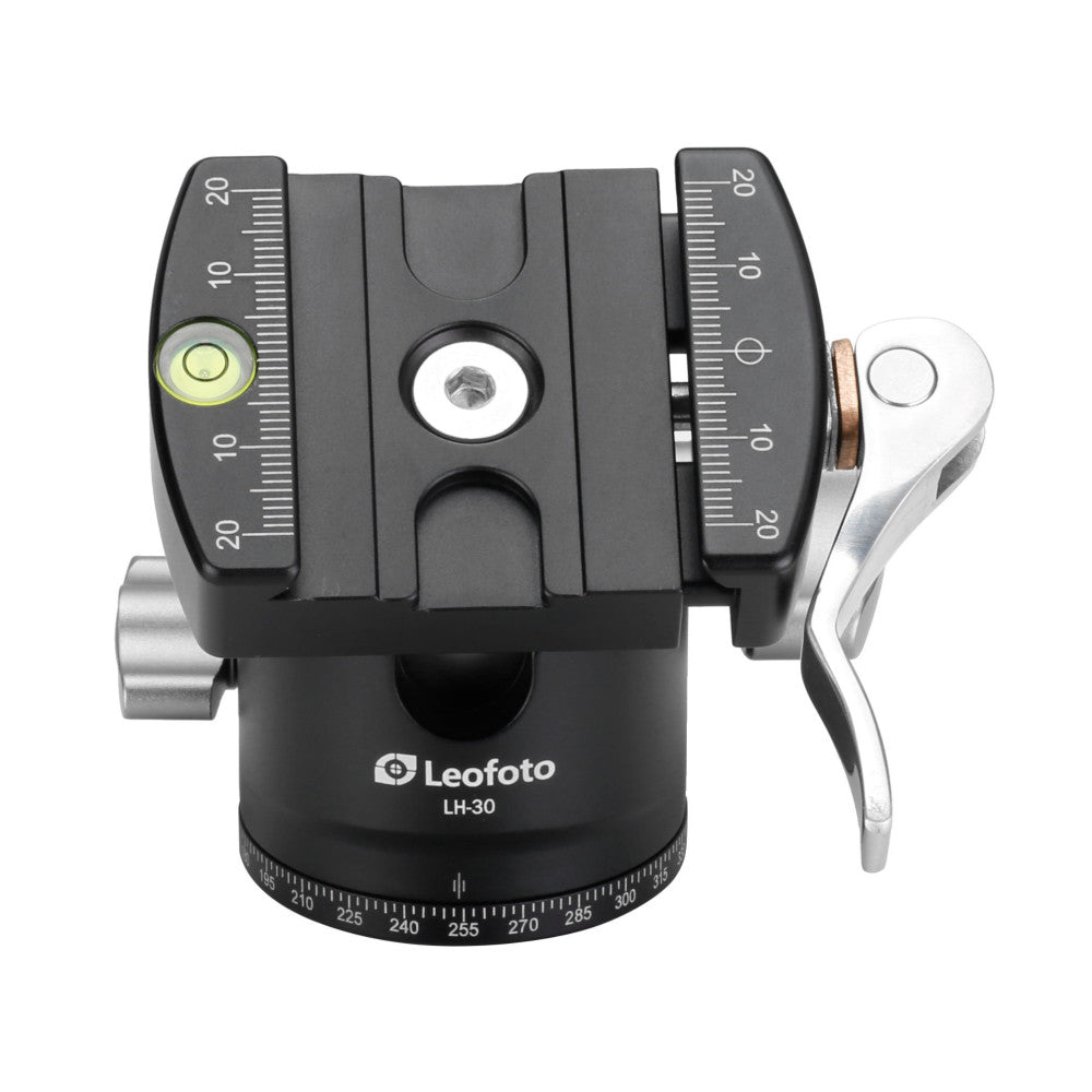 Front view of Leofoto LH-30LR ball head showing dual leveling scales, spirit level, pan scale, quick-release clamp and adjustment knobs.
