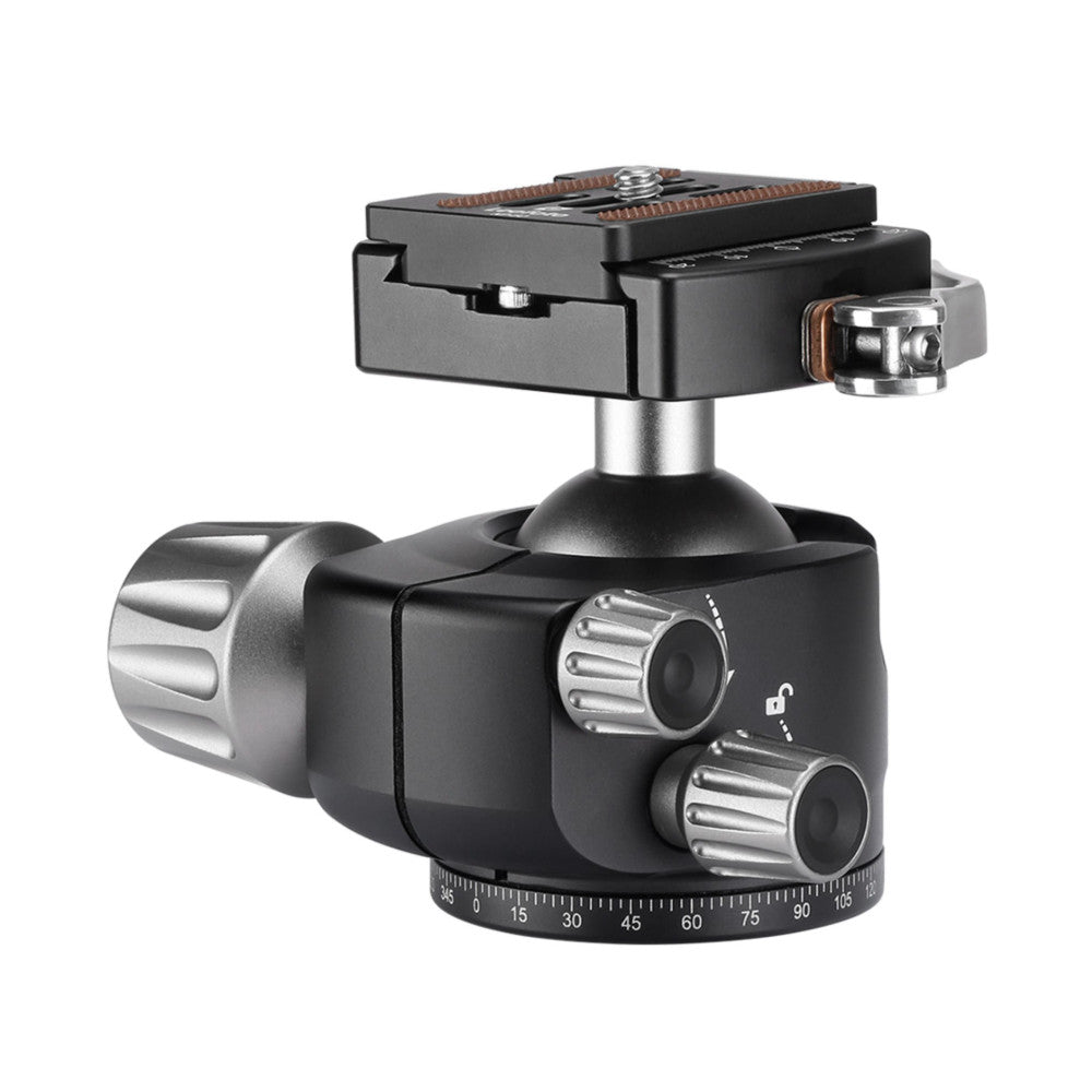 Side view of a black ball head tripod mount with silver metal knobs, quick-release plate attachment, and degree markings at base.