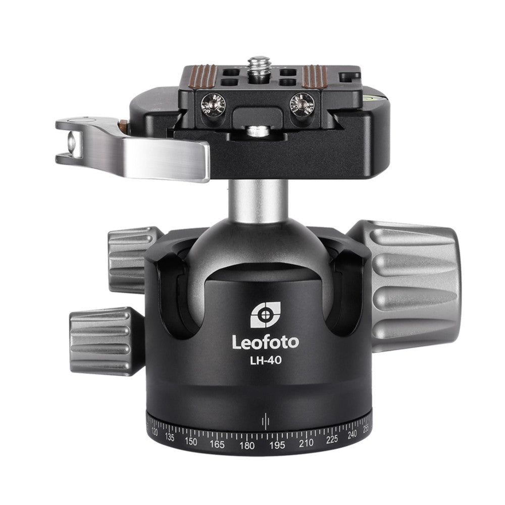 Leofoto LH-40 ball head shown from front angle with quick release lever clamp extended to the side and degree scale visible on base.