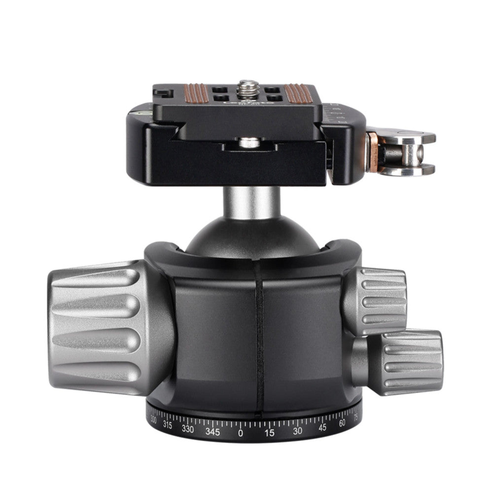 Top view of a black ball head tripod mount with silver adjustment knobs on sides and a degree scale around the base, quick-release plate mounted on top.