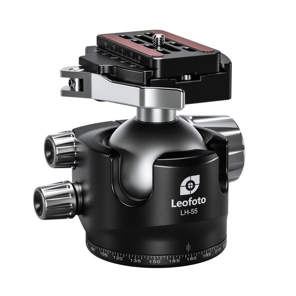 Leofoto LH-55 ball head with quick release plate mounted on top, shown at a three-quarter angle against white background.