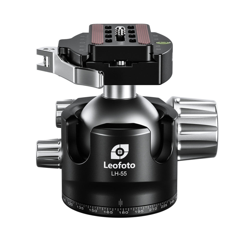 Leofoto LH-55 ball head with quick release clamp mounted on top, shown at an angle displaying the rotating base and control knobs.