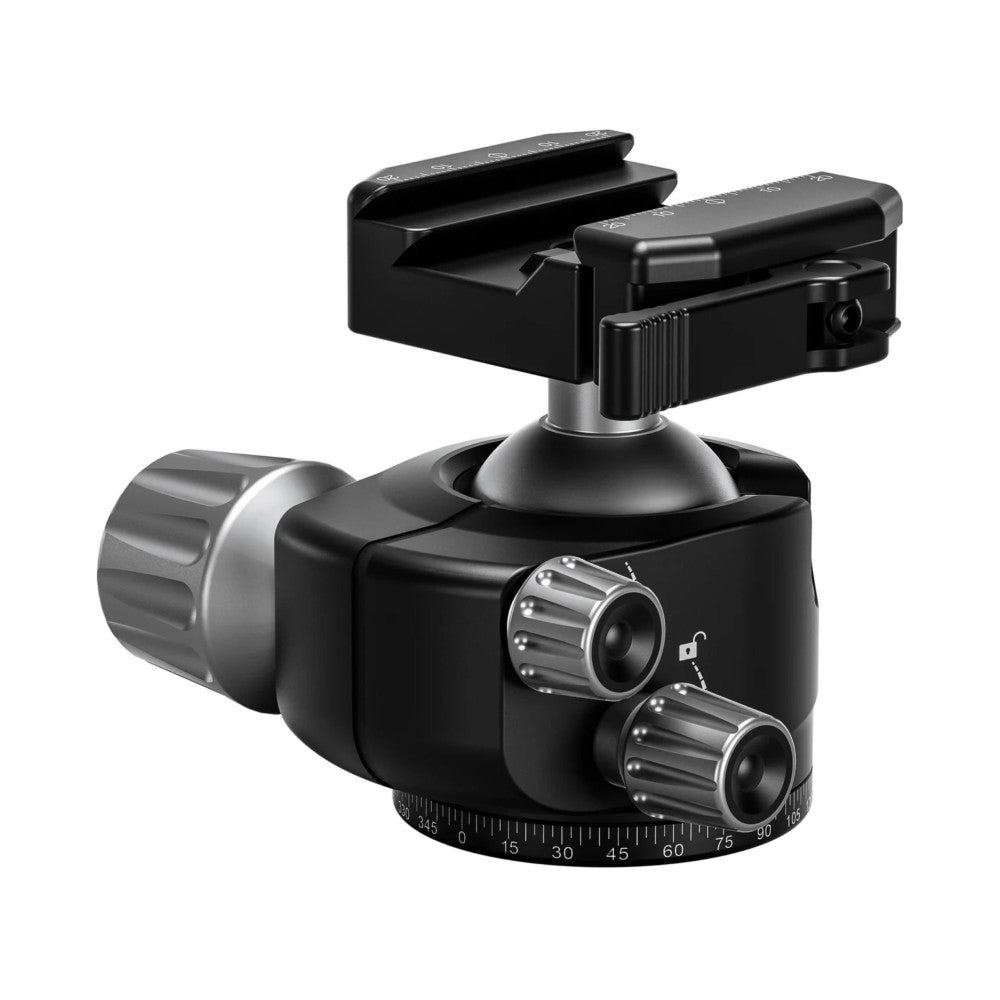 Black ball head with dual pan handles and lever clamp, shown at angle with mounting plate visible above.