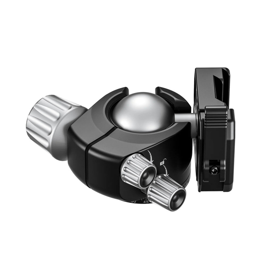Three-quarter view of a black and silver ball head clamp with dual handles, adjustment knobs, and mounting plate against white background.