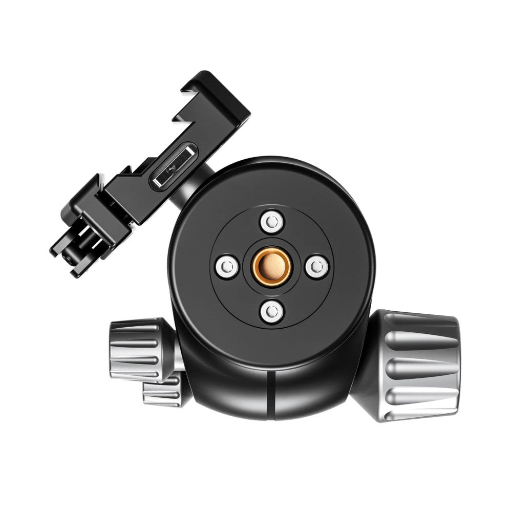 Black ball head with golden center knob, five mounting points, dual metal handles, and attached smartphone clamp on upper left, photographed against white background.