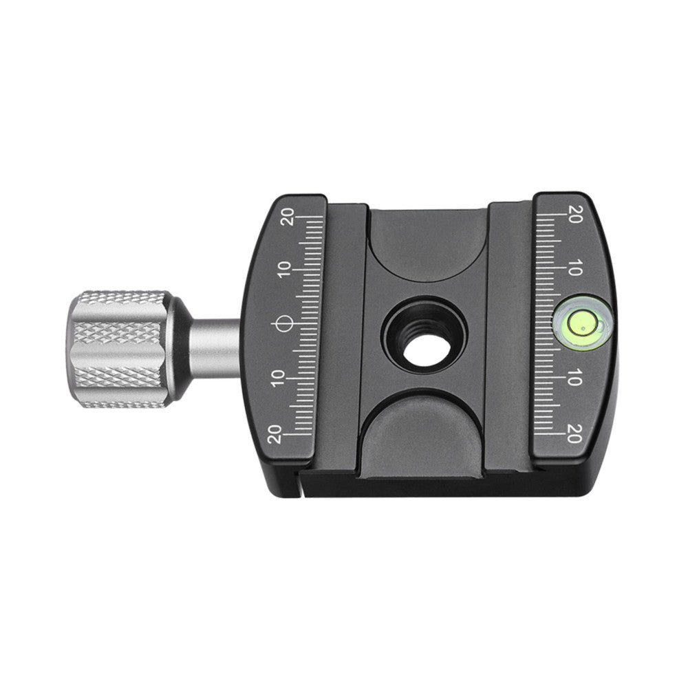 Side view of a precision camera clamp with dual graduated scales, spirit level, and metal locking knob on white background.