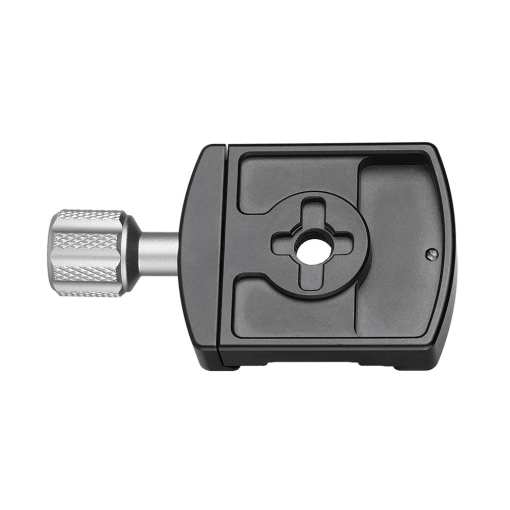 Leofoto LHC-50 clamp shown from side angle, displaying the cross-shaped mounting plate, central hole, and textured metal locking knob on left.