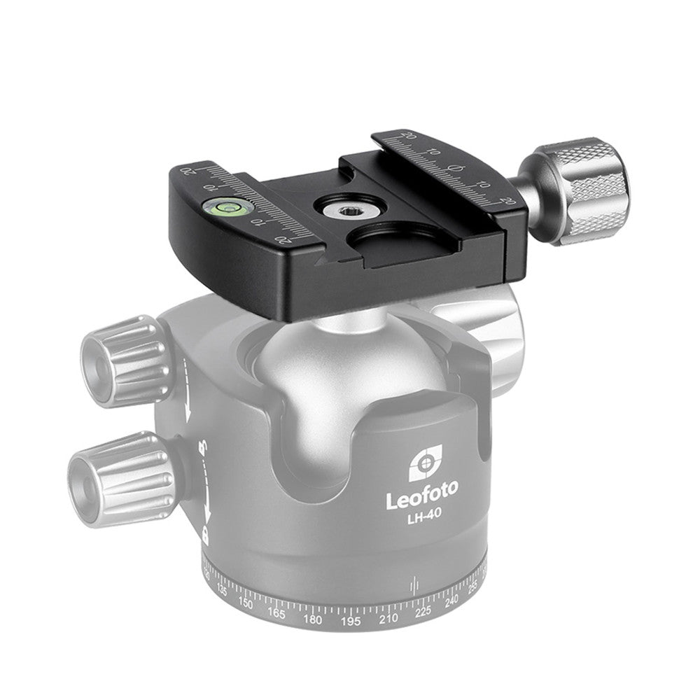 Black quick-release clamp with level mounted on top of Leofoto LH-40 ball head, shown from front-angled view against white background.