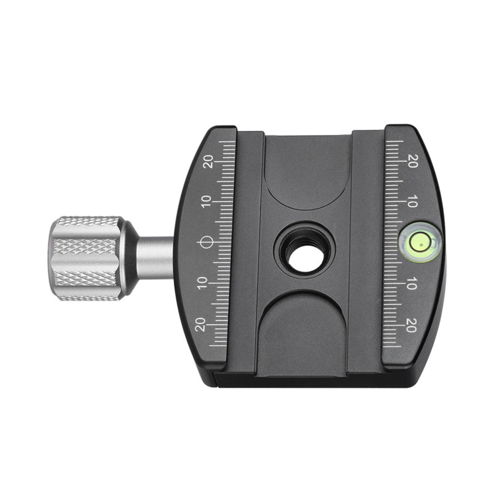 Leofoto LHC-60 clamp shown from above at an angle, displaying dual graduated scales, central adjustment knob, spirit level, and metal locking knob on the left side.